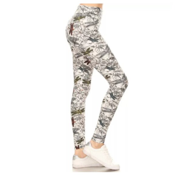 Dragonfly Print Yoga Style Women's Slim Fit Leggings, High Waist, ONE SIZE - Picture 1 of 4